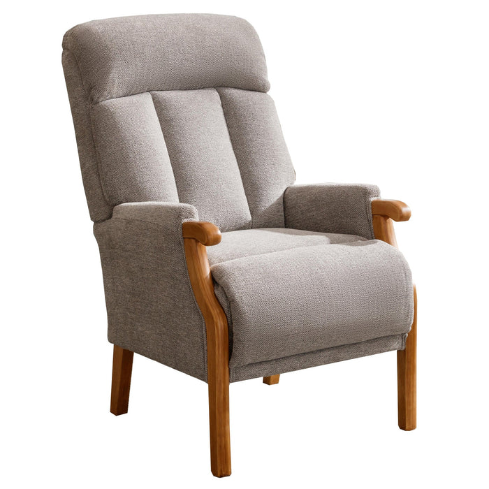 The Blaze Armchair features gray upholstery, oak legs, wooden armrests, a high back, and padded cushions for comfort, shown on a white background.
