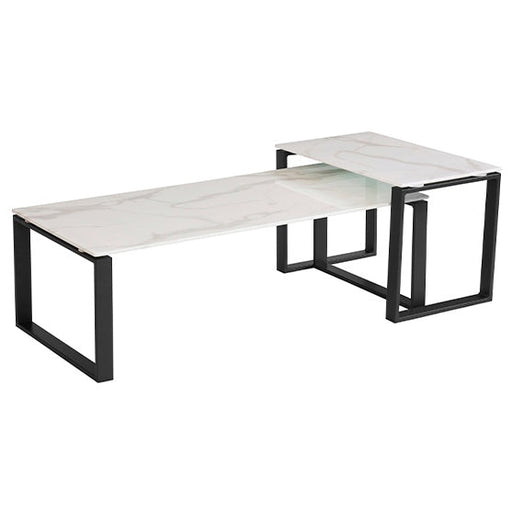 From the Circe Coffee Table Set, this modern piece has a marble print glass top and charcoal metal frame with an eye-catching two-tier design. The elevated upper surface is offset to the right for a striking contemporary look.