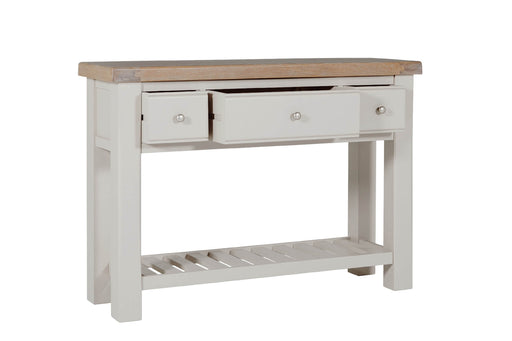 The Doune Console Table features a natural wood top, two open drawers with round knobs, and a slatted lower shelf in a white finish—a stylish addition to any space.