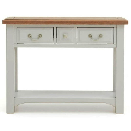 A soft grey console table with a solid oak top, featuring a drawer on each side and a lower shelf.