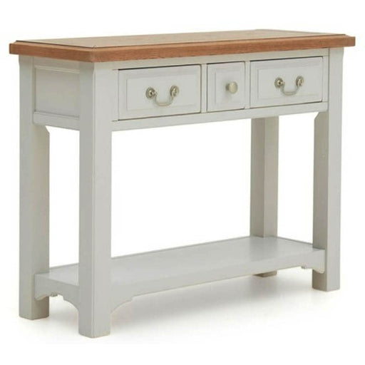 The Eden Console Table features a solid oak light brown top, two drawers with metal handles, and a lower shelf. Its frame and legs are painted Soft Grey, giving this wooden piece a modern look.