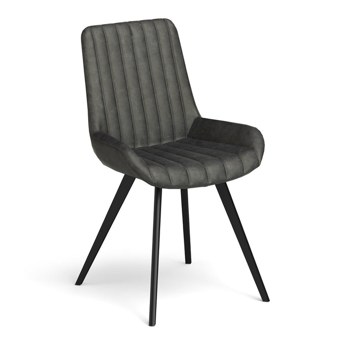 The George dining chair by vendor-unknown features dark gray PU leather with vertical stitching, a cushioned seat and backrest, and four black angled metal legs, displayed against a white background.