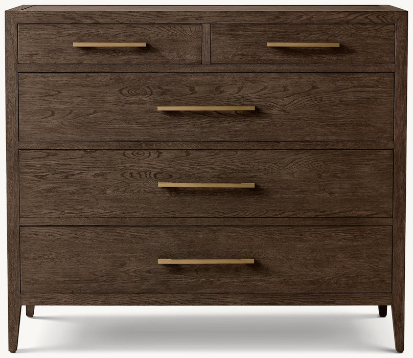 The Hampshire Locker is a dark wood dresser with five drawers—two small on top and three larger below—with rectangular metal handles, clean lines, and a modern design.
