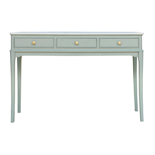 The Monroe Console Table features a light blue finish, three drawers with round golden knobs, and four slender, slightly curved legs—combining elegance with practical storage.