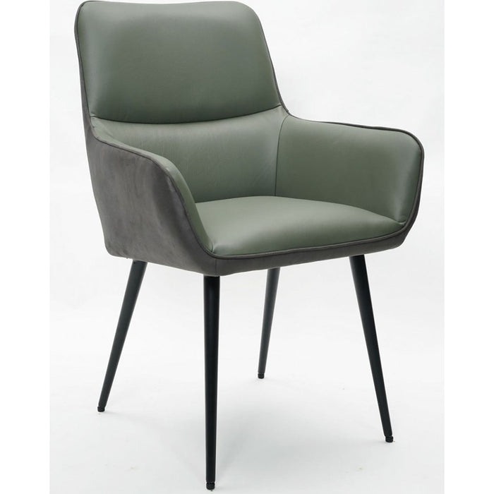 The Rebecca Dining Chair features a green upholstered seat and backrest, dark grey sides, and slim black powder coated legs, shown against a plain white background.