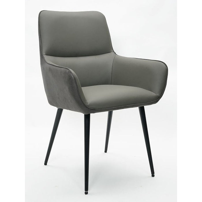 The Rebecca Dining Chair features a gray upholstered seat and backrest, black powder coated legs, and sleek black metal armrests, shown against a plain white background.