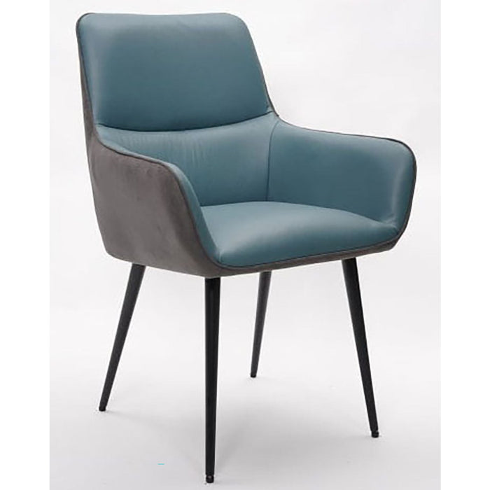 The Rebecca Dining Chair features a teal cushioned seat and backrest, gray outer frame, and four slender black powder coated legs, shown against a plain white background.