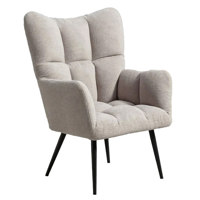 The Reese Occasional Chair features a modern design with beige textured upholstery, a tufted back and seat, angled black metal legs, and a high backrest for stylish comfort.