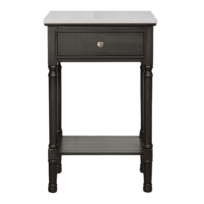 The Russel 1 Drawer Locker is a small black side table featuring a white rectangular top, one drawer with a round knob, a lower shelf, and four turned legs.