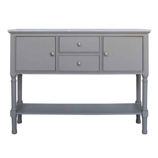Grey console table with marble top and two doors, two drawers.