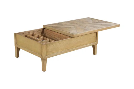 Wooden coffee table with lift-top design on a white background