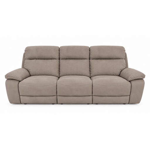 The Newbury Recliner Sofa is a three-cushion manual recliner in a neutral taupe finish made with easy-clean fabric.