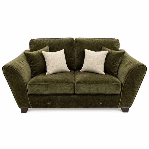 Two-seater olive green Cosmos sofa with two patterned accent pillows and two matching side cushions.