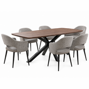 New York Dining table & 6 Macey Chairs featuring a rectangular wood table with a black X-shaped base, surrounded by six upholstered chairs with dark tapered legs.
