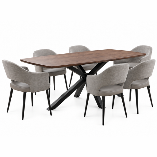 New York Dining table & 6 Macey Chairs featuring a rectangular wood table with a black X-shaped base, surrounded by six upholstered chairs with dark tapered legs.