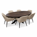 The Samara Table & 6 Enzo Taupe Chairs set features an oval dark wood table and cushioned beige chairs with black legs, all arranged on a white background.