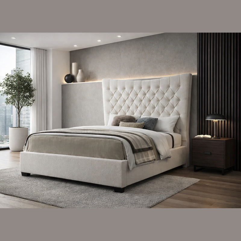 A bedroom featuring the Montreal Bedframe and a tranquil tree, creating an inviting and stylish retreat.