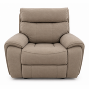 Sheldon Electric Recliner in taupe, featuring a tufted back, padded arms, and a built-in USB port.