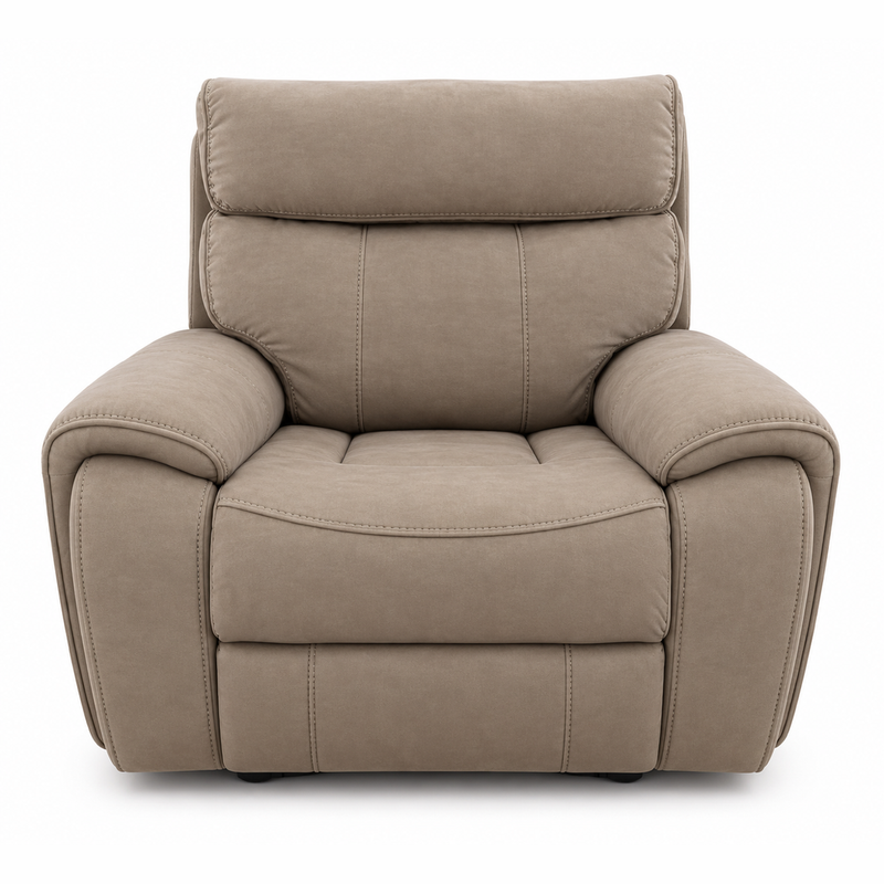 Sheldon Electric Recliner in taupe, featuring a tufted back, padded arms, and a built-in USB port.