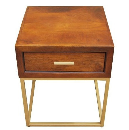 The Ethan Lamp Table features a modern, minimalist design with mango wood, a single drawer, antique brass frame, gold metal handle, and legs forming an open rectangular base—perfect as a contemporary bedside locker.