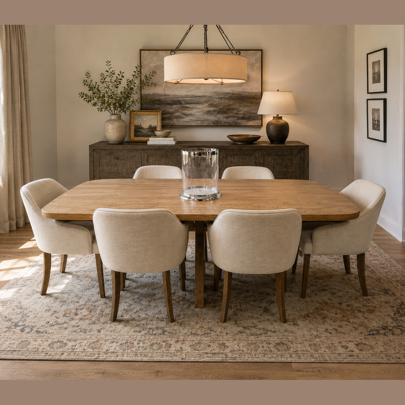 A dining room with an ash wood Ashton 2.1 Table and six beige Como chairs, centered by a glass vase, on a patterned rug, with a sideboard, wall art, and soft light from a lamp and chandelier.