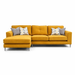 The Turino Chaise is a modern yellow sectional, Irish-made, with metal legs, a left-side extended chaise, and four decorative pillows in gray, white, and yellow geometric designs—a standout among stylish corner sofas.