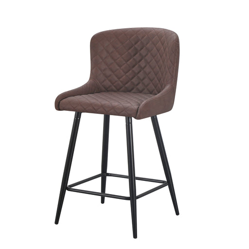 The Diamond Barstool features brown PU leather with quilted diamond stitching, a curved backrest, padded seat, and black metal legs with footrests—ideal for your kitchen island.