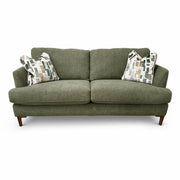 Part of the Joni Range, this contemporary green sofa features two seat and back cushions, wooden legs, plus two decorative pillows with an abstract geometric pattern in neutral tones—perfect for modern homes.