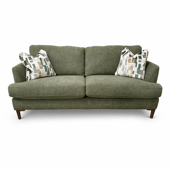 Part of the Joni Range, this contemporary green sofa features two seat and back cushions, wooden legs, plus two decorative pillows with an abstract geometric pattern in neutral tones—perfect for modern homes.