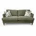 Part of the Joni Range, this contemporary green sofa features two seat and back cushions, wooden legs, plus two decorative pillows with an abstract geometric pattern in neutral tones—perfect for modern homes.