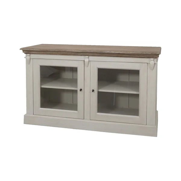 A small sideboard with taupe base and glass doors, featuring a washed wooden top.