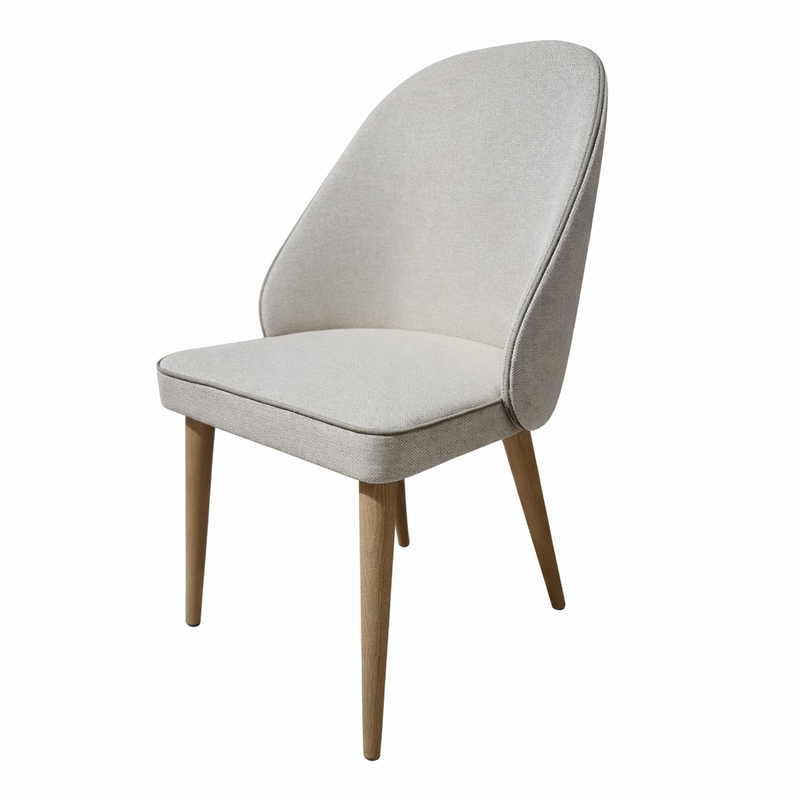 The Slim dining chair features a modern, minimalist design with a light beige upholstered seat and backrest, supported by four wooden legs. Shown against a white background.