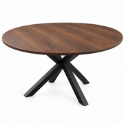New York Round Table in walnut, featuring a round, extending top and a dark, X-shaped metal base.