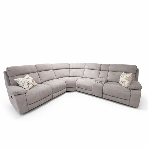The Newbury Corner Group is a large, light gray recliner sofa with easy-clean fabric, two floral-patterned throw pillows, and a built-in console with cup holders, shown against a white background.