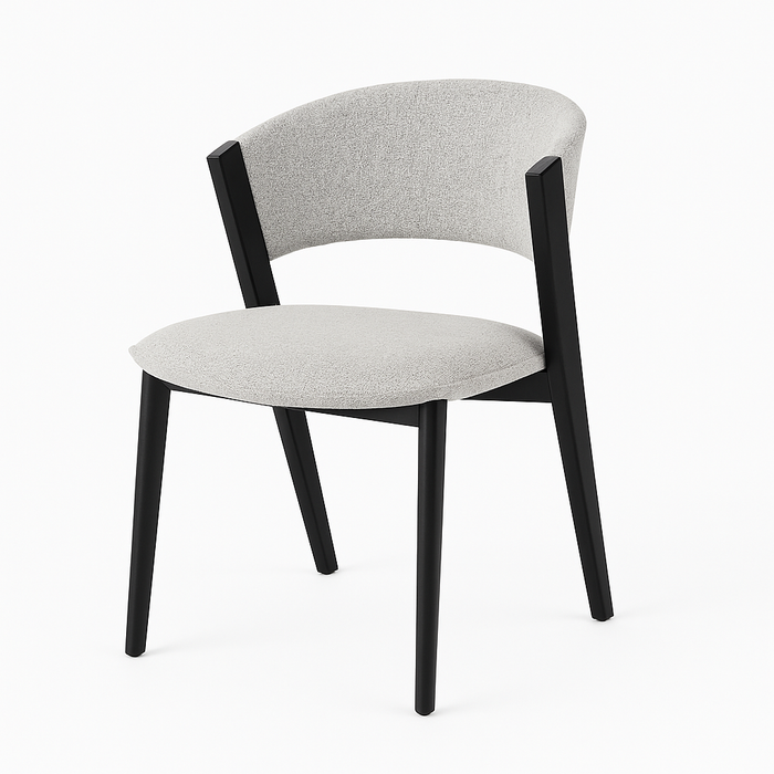 The Titan Dining Chair features a light gray stone fabric seat and backrest, paired with sleek black wooden legs and frame—a stylish choice for modern interiors, shown against a plain white background.