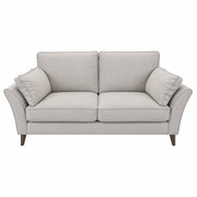 Light gray Retro Sofa Range two-seater with flared arms, two back cushions, dark wooden legs, and comfortable Aquaclean fabric.