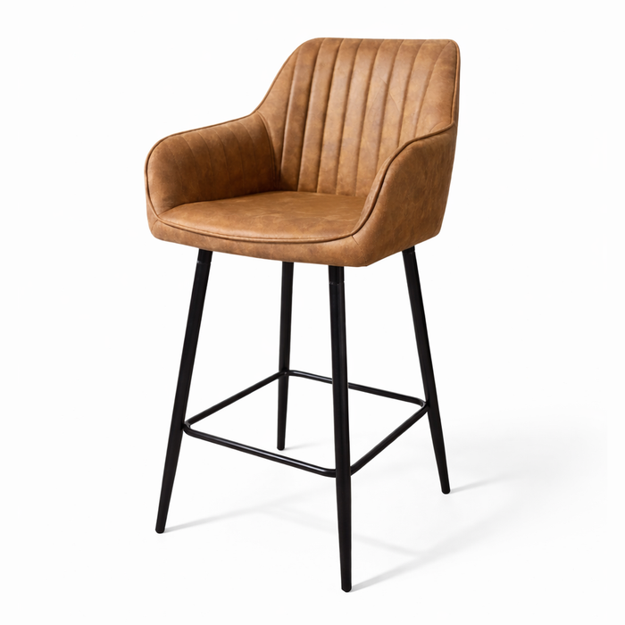 The Enzo Counter Stool features a tan leather-upholstered seat, curved backrest, and black metal legs with a footrest, photographed against a plain white background.