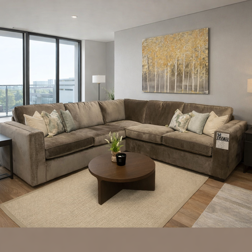 A contemporary living room with the Ariya corner sofa for comfort, decorative pillows, a round wooden coffee table, beige rug, yellow tree wall art, and large windows that flood the space with natural light.