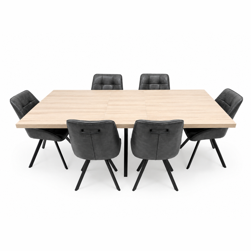 The Dalton 160cm Ext Table & 6 Pedro Chairs set features a rectangular light wood dining table with six black cushioned, metal-leg chairs with stitched backs, all displayed against a white background.