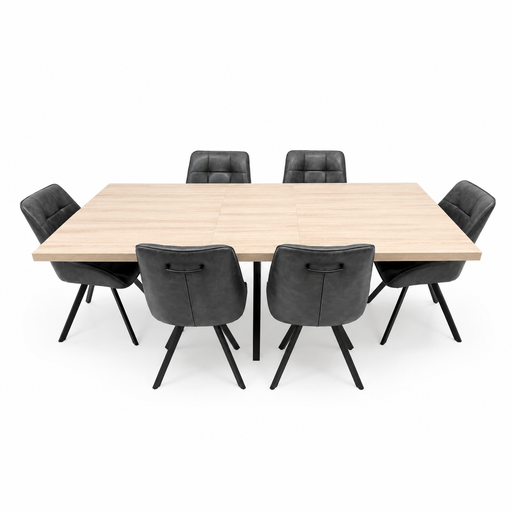 The Dalton 160cm Ext Table & 6 Pedro Chairs set features a rectangular light wood dining table with six black cushioned, metal-leg chairs with stitched backs, all displayed against a white background.