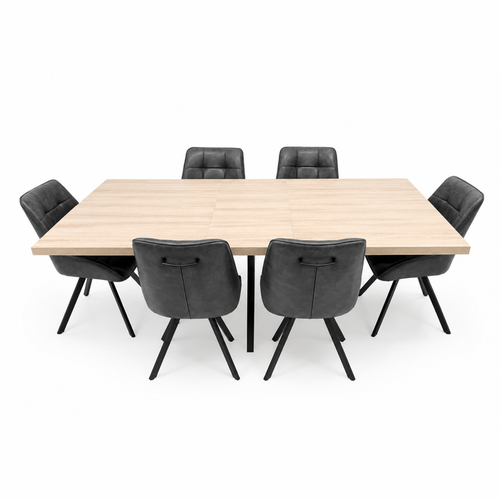 The Dalton 160cm Ext Table & 6 Pedro Chairs set features a rectangular light wood dining table with six black cushioned, metal-leg chairs with stitched backs, all displayed against a white background.