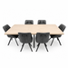 The Dalton 160cm Ext Table & 6 Pedro Chairs set features a rectangular light wood dining table with six black cushioned, metal-leg chairs with stitched backs, all displayed against a white background.