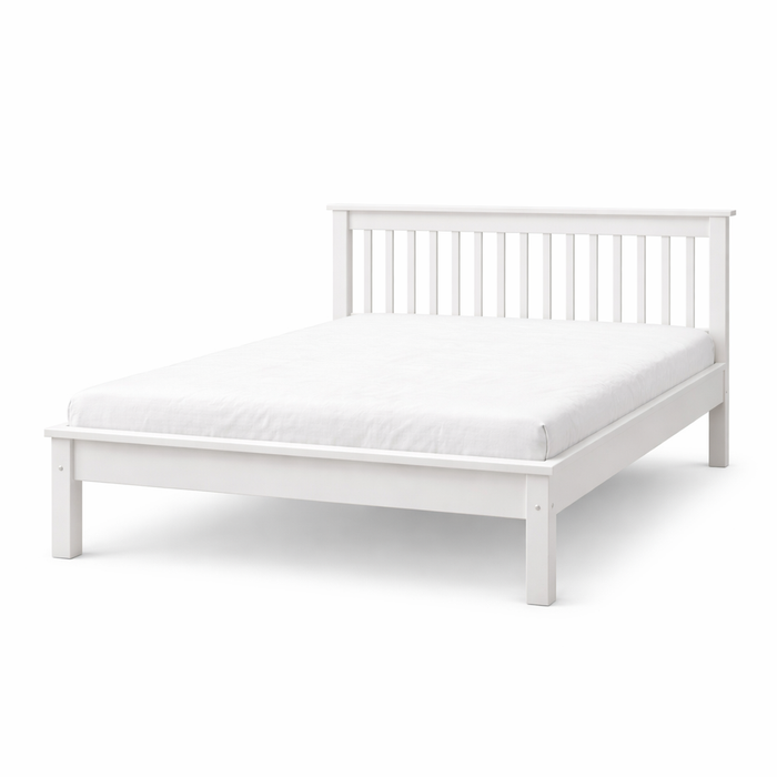 The Malmo Bedframe, featuring a sturdy white build with a slatted headboard and a plain mattress, is displayed against a white background.