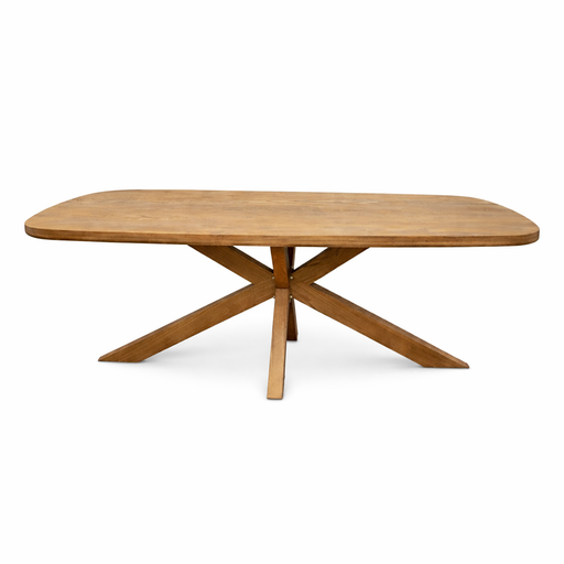 The Ashton Dining Table is a rectangular solid ash wood piece with rounded edges and a unique crossed-leg base, shown against a plain white background.