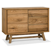 Natural wood chest or media unit with mixed storage layout and a modern Scandinavian design.