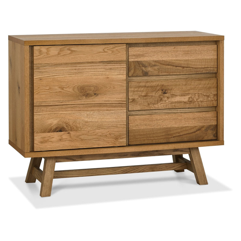 Natural wood chest or media unit with mixed storage layout and a modern Scandinavian design.