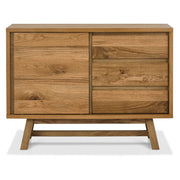 The Camden Small Sideboard features a natural wood finish, one large left cabinet door, three right-side drawers, and angled legs—pairing perfectly with oak table tops from the Camden dining collection.