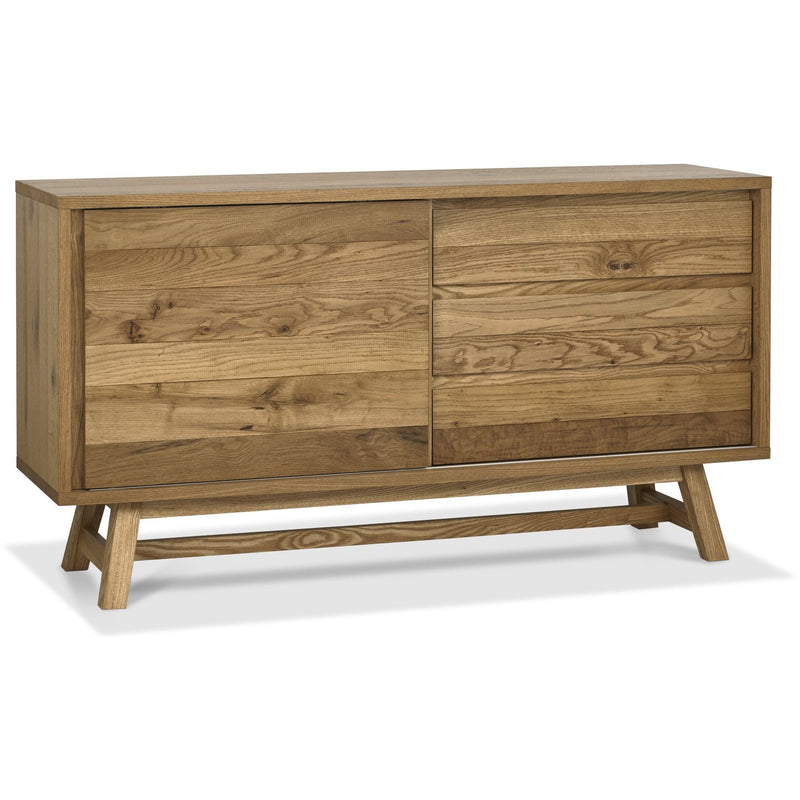 Natural wood media console with a light finish, featuring clean lines, two cabinet doors, and tapered legs on a stretcher base.