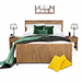 The Cairo Bedframe from the rustic bedroom collection features white bedding, green pillows, and a black and green throw. Bedside tables with lamps, two yellow cushions, and a wall clock complete this sustainable furniture setup.