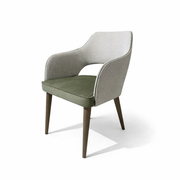 The Turim Dining Chair, shown against a white background, features wooden legs, a textured light gray backrest and sides, and an olive green cushioned seat for a modern retro look.